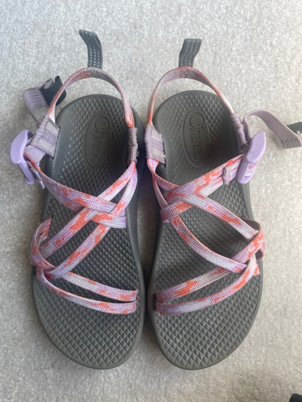 Chaco Girls’ Sandals - Gray Footbed with Lavender & Coral Straps